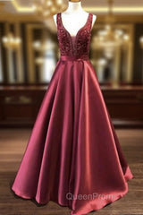 Burugndy Satin V-neck Beading Evening Prom Dresses