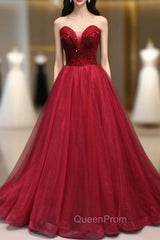 Burundy Tulle Strapless Beading Evening Prom Dresses