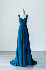 Blue Chiffon Long A-Line Prom Dress, A-Line Evening Dress Party Dress
