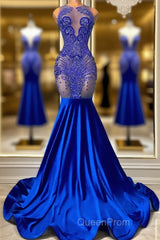 Sleeveless Royal Blue Scoop Neck Mermaid Evening Prom Dresses with Beadings