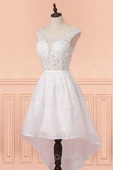 Cap Sleeves High Low White Lace Sheer Short Wedding Dresses