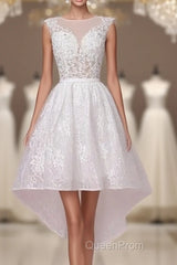 Cap Sleeves High Low White Lace Sheer Short Wedding Dresses
