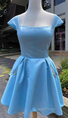 Cap Sleeves Light Sky Blue Satin Short Homecoming Dresses With Beaded Bodice