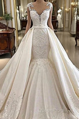 Cap sleeves White Mermaid 2 in 1 Wedding Dresses with Overskirt