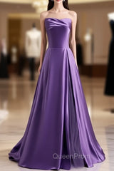 Causal Dark Purple Satin Strapless Evening Prom Dresses