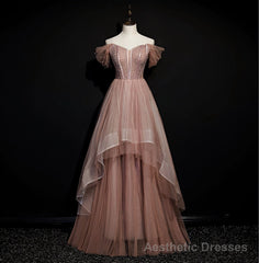 Dark Pink Tulle Beaded Layer Tulle Long Evening Dress, Charming Prom Dress