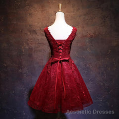Wine Red Short Lace Cute Homecoming Dress, V Neckline Lace Up Teen Party Dress