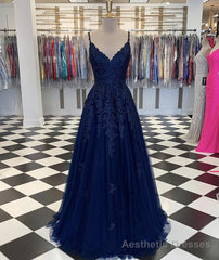 Blue V Neck Tulle Lace Long Prom Dress, Evening Dress