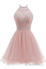 Beaded Halter Homecoming Dress, Short Tulle Dress