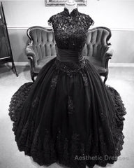 Halter Black Prom Dress, Cap Sleeve Applique Long Ball Gown