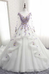 White Tulle Ruffles Long 3D Flower Lace Applique Prom Dress, Quinceanera Dress, With Sleeve
