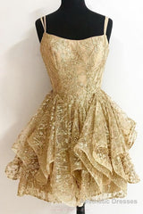 A Line Sequins Gold Short Homecoming Dresses, Glitter Cocktail Party Dress