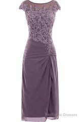knee length mauve tight chiffon mother of the bride/prom dress with cap sleeves