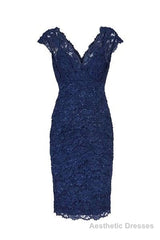 Sexy V Neck Navy Blue Lace Short Mother Of The Bride Dress, Homecoming Dress