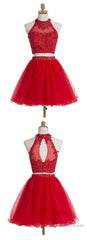 Two Piece Scoop Short Red Organza Beaded Homecoming Dress, With Appliques Sequins