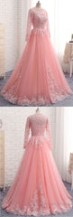 Charming Long Sleeve Appliques Pink Tulle Prom Dresses, Elegant Evening Formal Dress