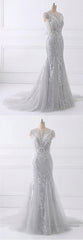 Spring Gray Tulle Long Mermaid Prom Dress, Beaded Lace Evening Gown