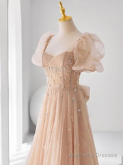 Chamapgne Beaded Short Sleeves Tulle A-line Prom Dress, Champagne Party Dress