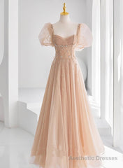 Chamapgne Beaded Short Sleeves Tulle A-line Prom Dress, Champagne Party Dress