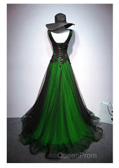 Chaming Black And Green Tulle V-Neckline Long Party Dresses, Beautiful V-Neckline Evening Prom Dresses