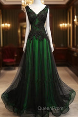 Chaming Black And Green Tulle V-Neckline Long Party Dresses, Beautiful V-Neckline Evening Prom Dresses