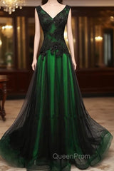 Chaming Black and Green Tulle V-neckline Long Party Dresses, V-neckline Evening Prom Dresses