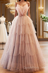 Champagne A-Line Beading Sequin Long Evening Prom Dresses, Champagne Formal Dresses