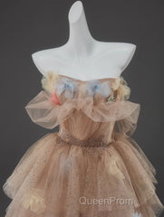 Champagne A-Line Off Shoulder Tulle Sequin Long Ball Dresses Cute Layered Dresses