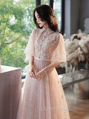 Champagne A-Line Tulle Lace Long Evening Prom Dresses, Champagne Evening Dresses