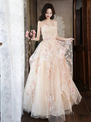 Champagne A-Line Tulle Sequins Long Evening Prom Dresses Embroidery Applique Formal Evening Dresses
