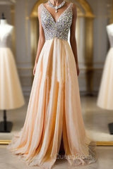 Champagne A-Line V Neck Chiffon Long Evening Prom Dresses, Formal Dresses