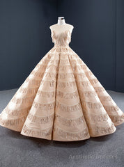 Champagne Ball Gown Sequins Backless Floor Length Prom Dress