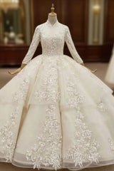 Champagne Ball Gown Tulle Appliques Long Sleeve Wedding Dresses