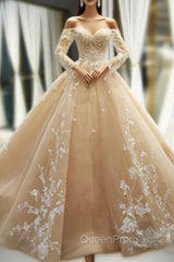 Champagne Ball Gown Tulle Lace Appliques Off The Shoulder Long Sleeve Evening Prom Dresses