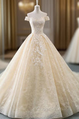 Champagne Ball Gown Tulle Lace Appliques Wedding Dresses With Train