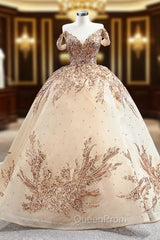 Champagne Ball Gown Tulle Sequins Beading Evening Prom Dresses
