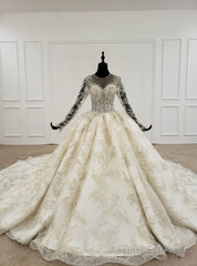 Champagne Ball Gown Tulle Sequins Long Sleeve Backless Appliques Wedding Dress