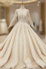 Champagne Ball Gown Tulle Sequins Long Sleeve Beading Wedding Dresses