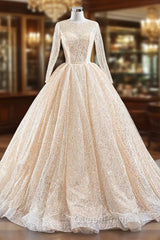 Champagne Ball Gown Tulle Sequins Long Sleeve Evening Prom Dresses