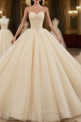 Champagne Ball Gown Tulle Sweetheart Pleats Wedding Dresses