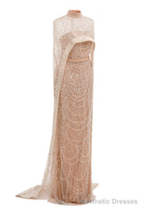 Grey Beading Prom Dresses Sweep Train High Neck Zipper Sleeveless Evening Dresses