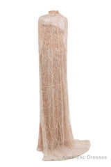 Champagne Beading Prom Dresses Sweep Train High Neck Zipper Sleeveless Evening Dresses