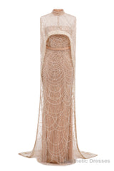 Brown Beading Prom Dresses Sweep Train High Neck Zipper Sleeveless Evening Dresses