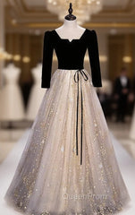 Champagne Black Tulle Short Sleeve Sequins Evening Prom Dresses