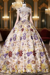 Champagne Colorful Flower Straps Quinceanera Dresses