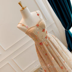 Champagne Floral Tulle Straps Sweetheart Wedding Party Dresses, A-Line Tulle Long Evening Prom Dresses