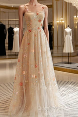 Champagne Floral Tulle Straps Sweetheart Wedding Party Dresses, A-Line Tulle Long Evening Prom Dresses
