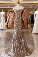 Champagne Gold Mermaid Sequins Strapless Pleats Evening Prom Dresses