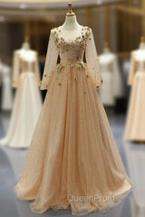 Champagne Gold Tulle Sequins Long Sleeve Appliques Evening Prom Dresses