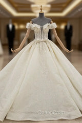 Champagne Gown Tulle Sequins Off the Shoulder Wedding Dresses With Beading